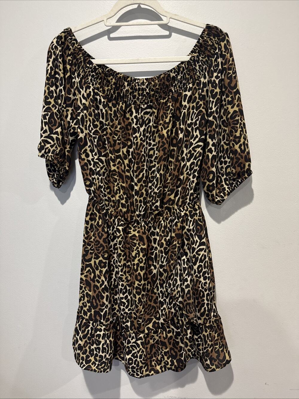 Lilly Pulitzer Off Shoulder Smock Mini Ruffle Romper Dress Leopard Rare Print M
